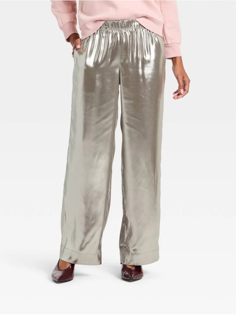 a new day Silver Metallic Wide-Leg Satin Pull-On Pants b210